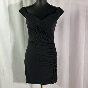 NWT La Femme Black Wide V-Neck Fitted Ruched Cocktail Dress